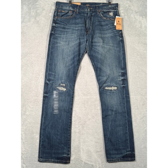 Ralph Lauren Jeans Mens 32x34‎ Blue Denim Varick Slim Straight Distressed
